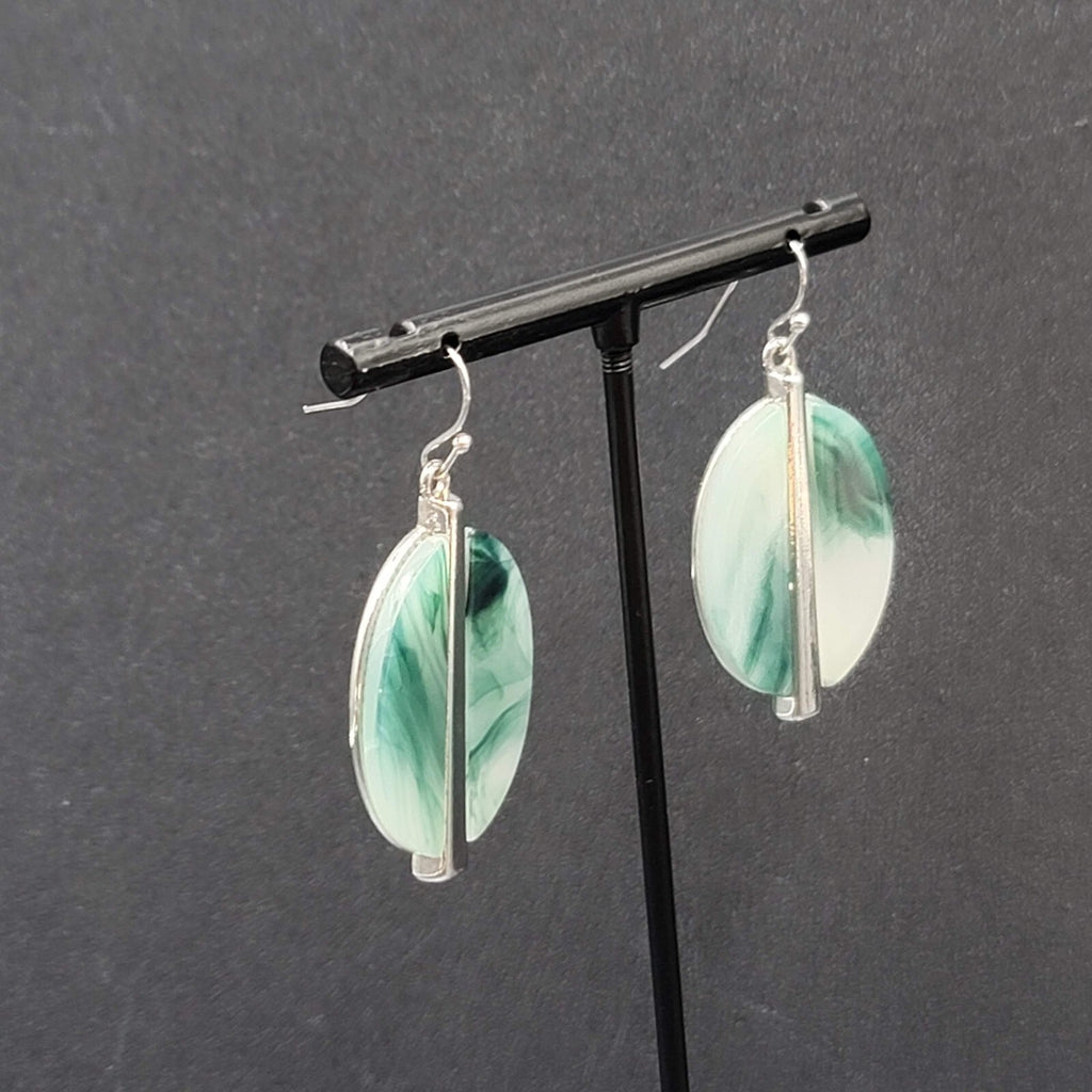 Pierced Earrings Silver tone Green White Resin Oval Dangle 1 3/8"