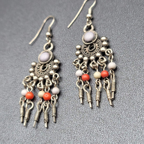 Boho Pierced Earrings Silver tone Beaded Chandelier 2.25"