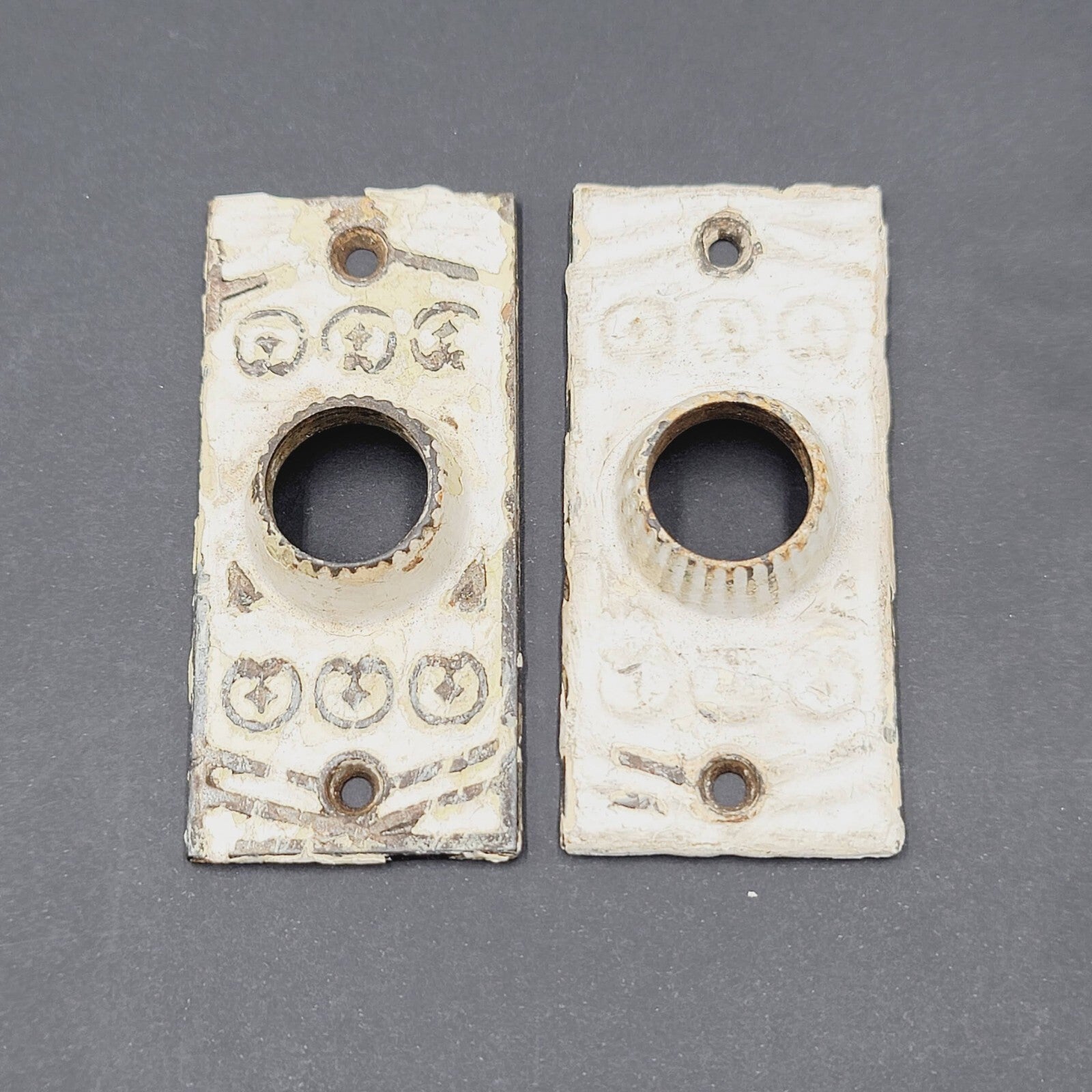 Vintage PAIR Shabby Chic Doorknob Back Plate 3 1/2" x 1 5/8" Cast Iron