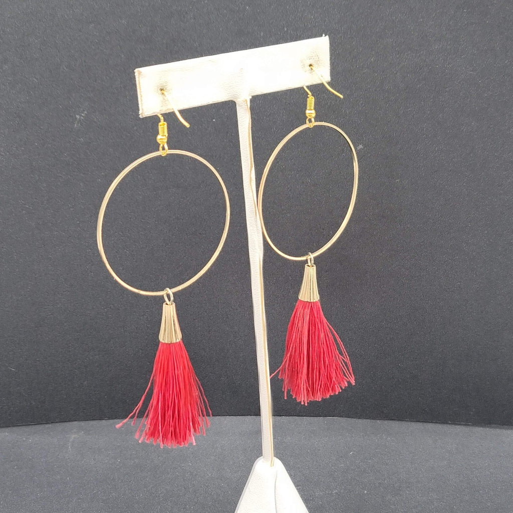 Pierced Earrings Gold tone Red Tassel Statement Dangle 3.5"