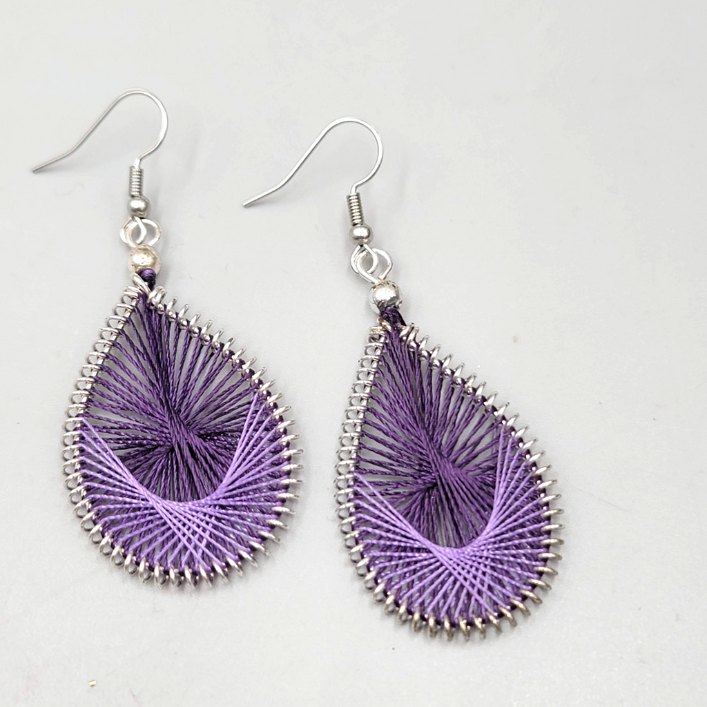 Purple String Art Pierced Earrings Silver tone Dangle 1.75 in