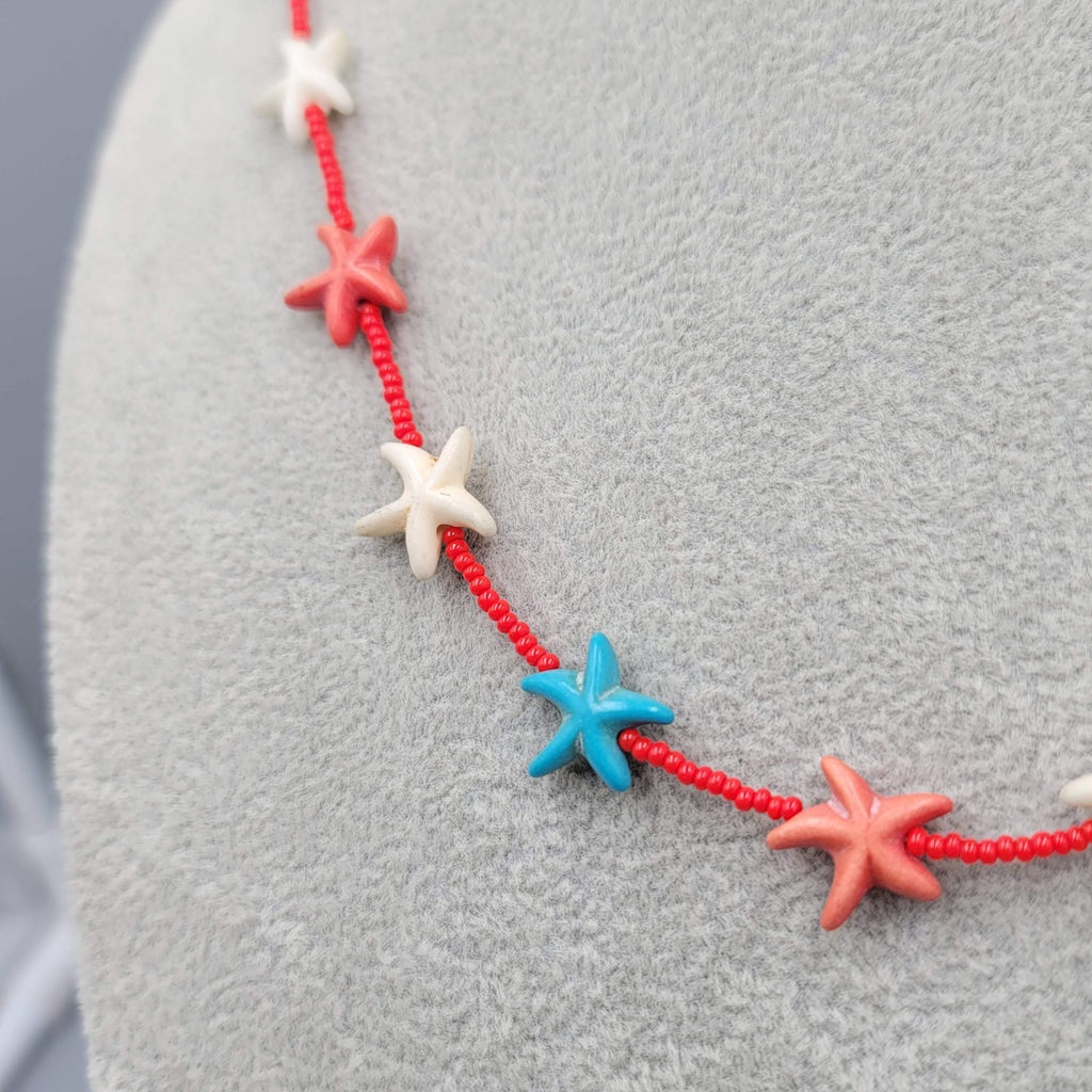 Red White Blue Stone Starfish Bead Necklace 20 in