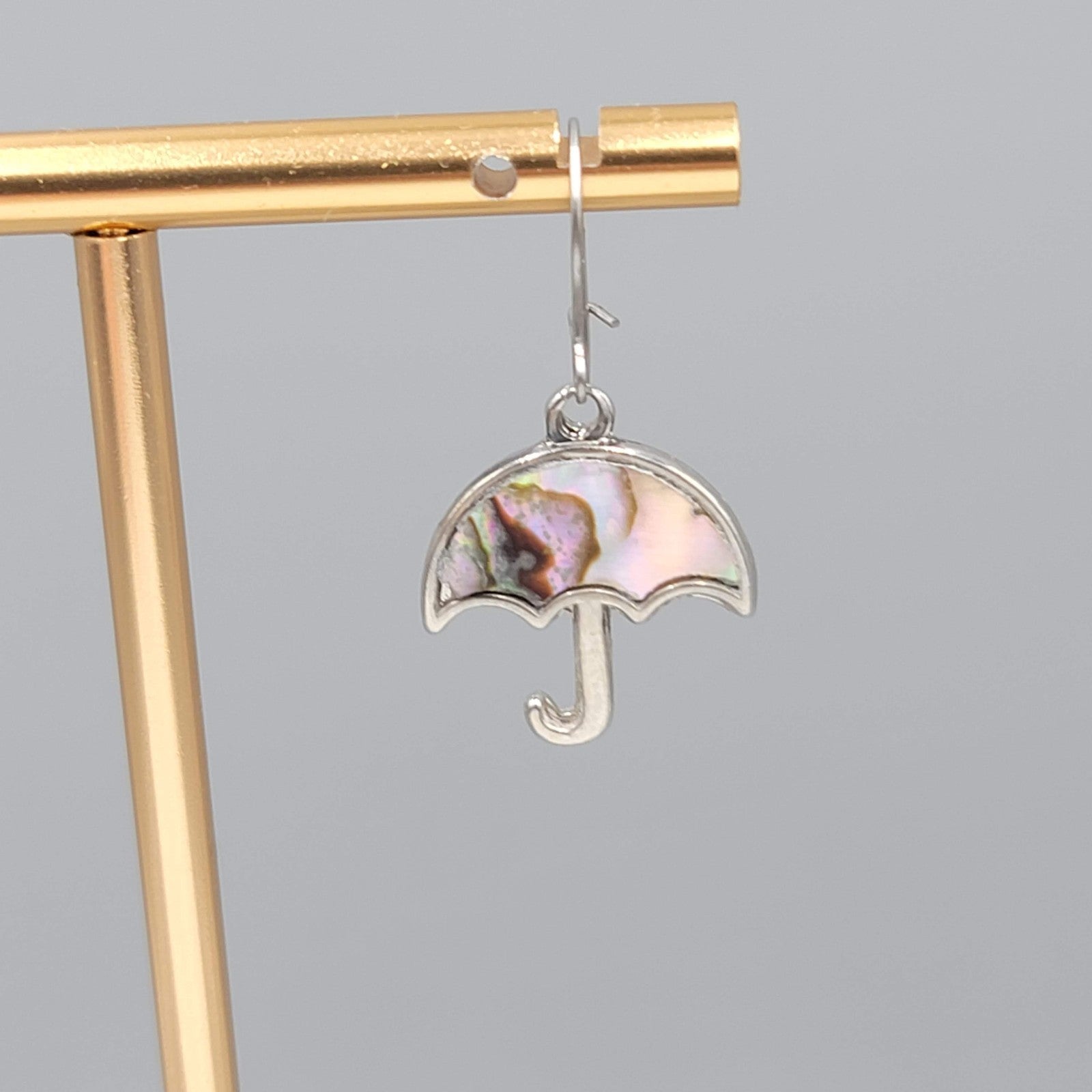Vintage Umbrella Abalone Inlay Pierced Earrings Silver tone Dangle 3/4"