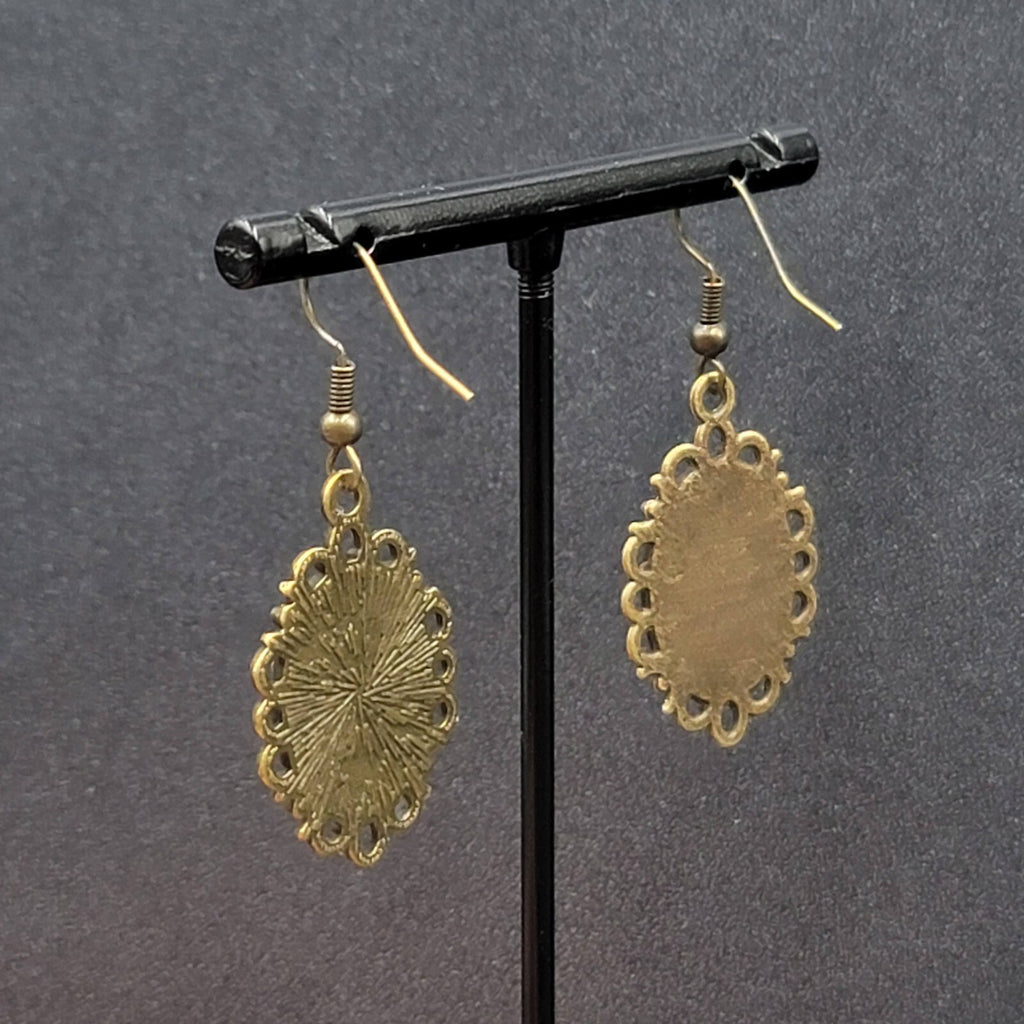 Pierced Earrings Bronze tone Glass Cabochon Vintage Quilt Patterns 1.25"