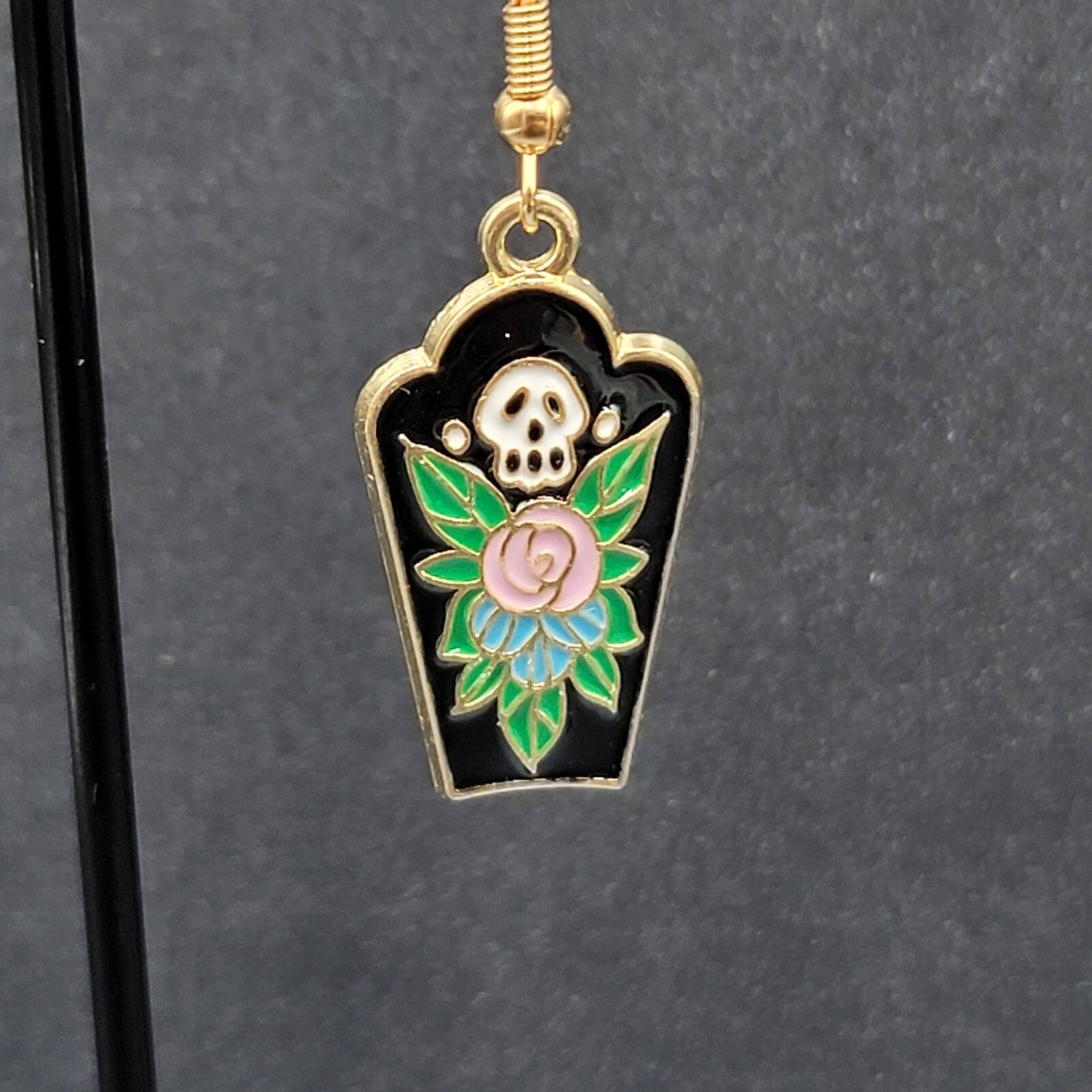 Halloween Coffin Pierced Earrings Skull Enamel Flowers Gold tone Dangle 1"
