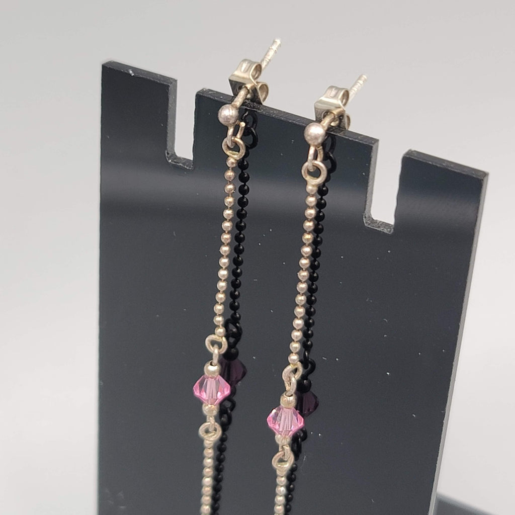 Long Pink Crystal Pierced Earrings Silver tone Dangle  3"