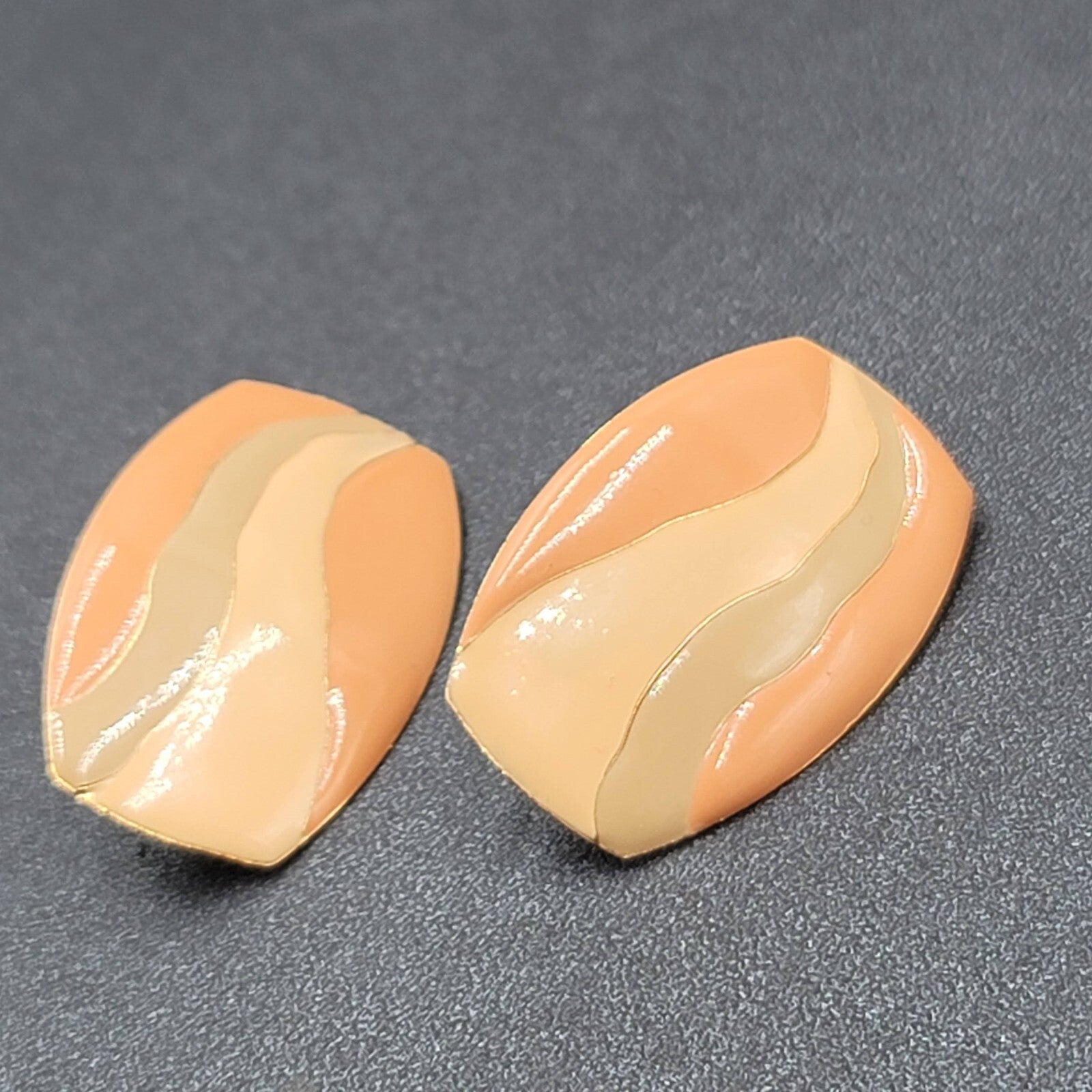 Vintage Pierced Earrings Peach Tan Gray Enamel Rectangle Drop 1 3/8"