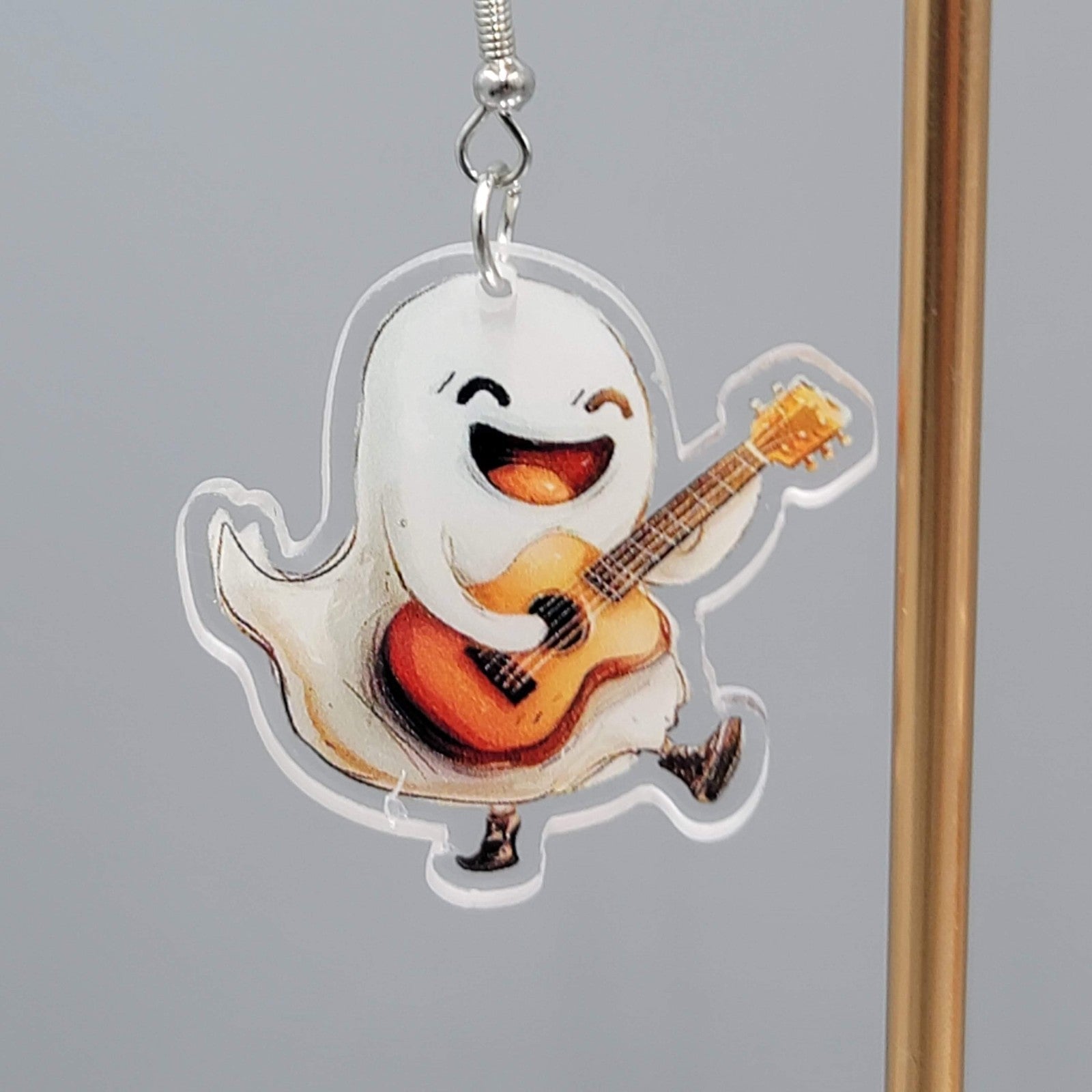 Halloween Ghost Acoustic Guitar Pierced Earrings Silver tone Dangle 1.5 in