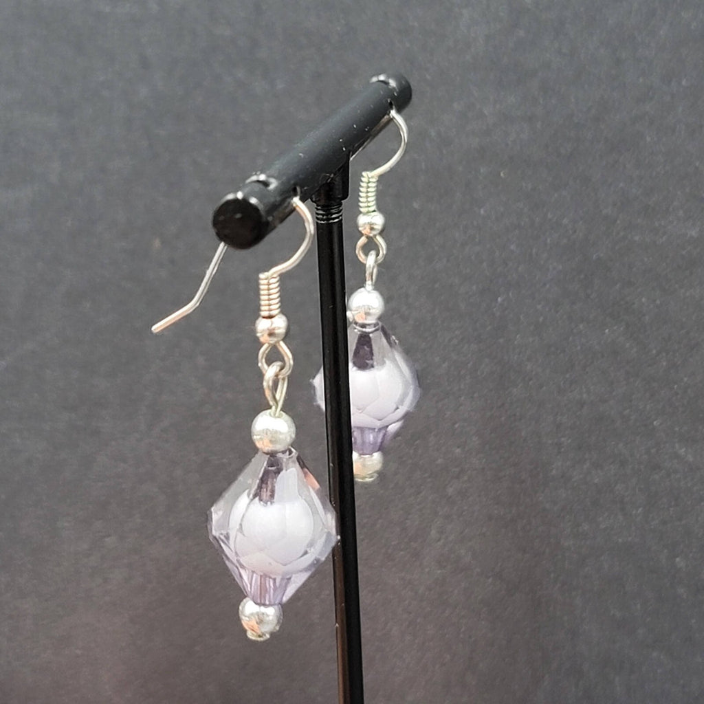 Pierced Earrings Silver tone Black White Art Bead Dangle 1"