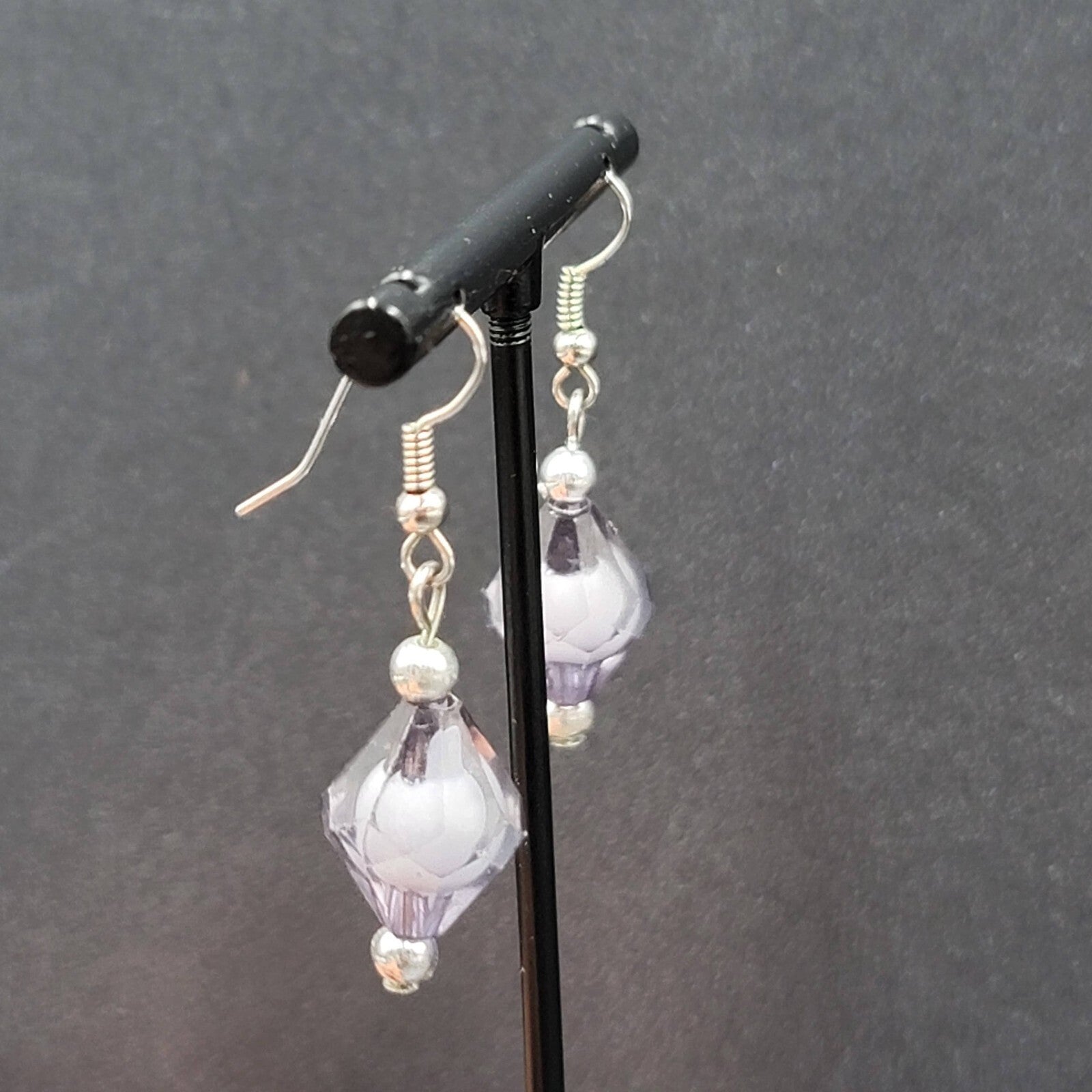 Pierced Earrings Silver tone Black White Art Bead Dangle 1"
