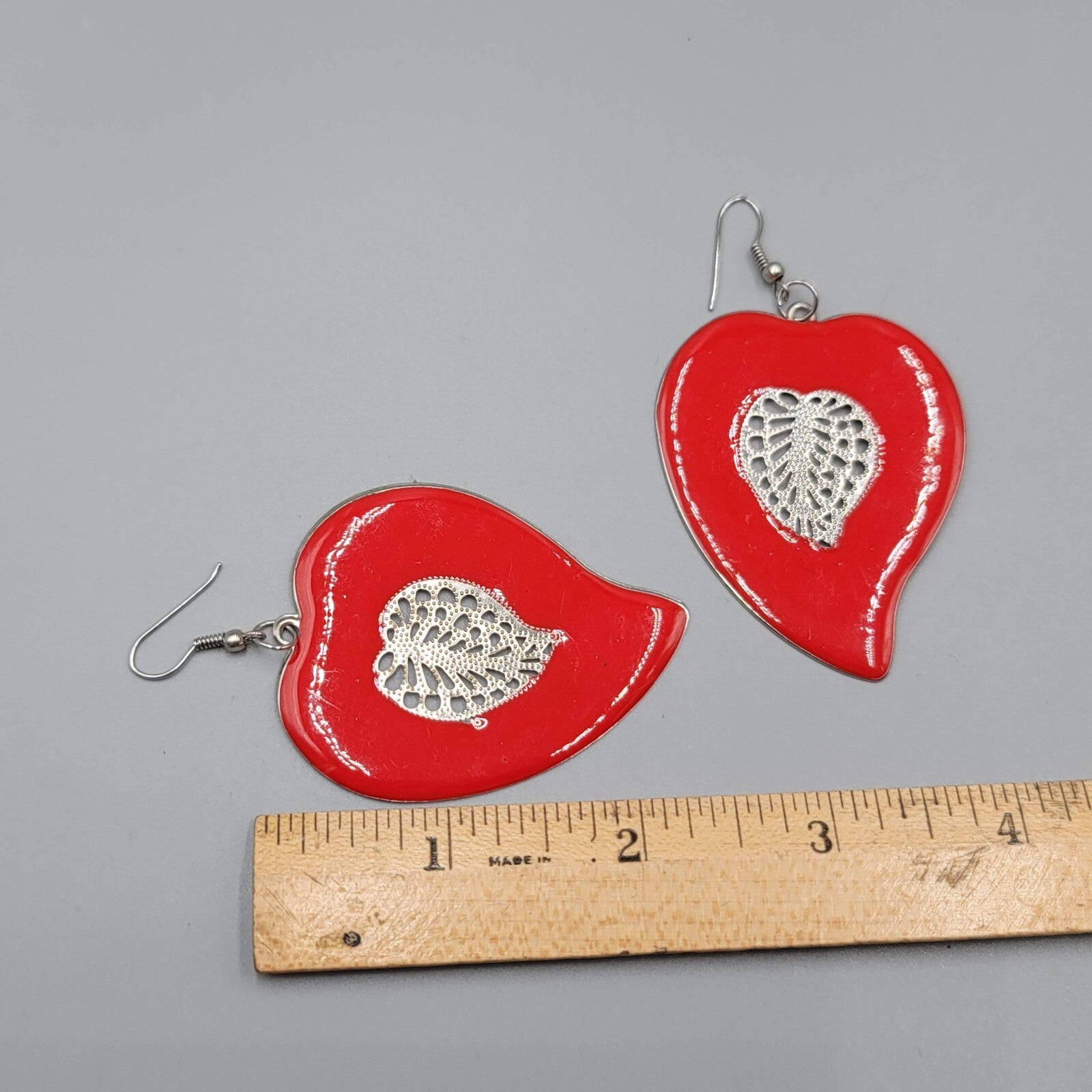 Large Statement Pierced Earrings Red Enamel Silver tone Filigree Dangle 2.25"