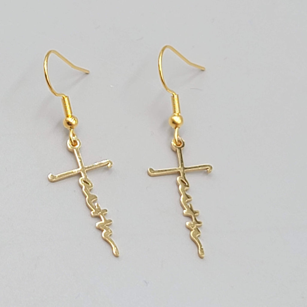 Faith Cross Pierced Earrings Gold tone Dangle 1"