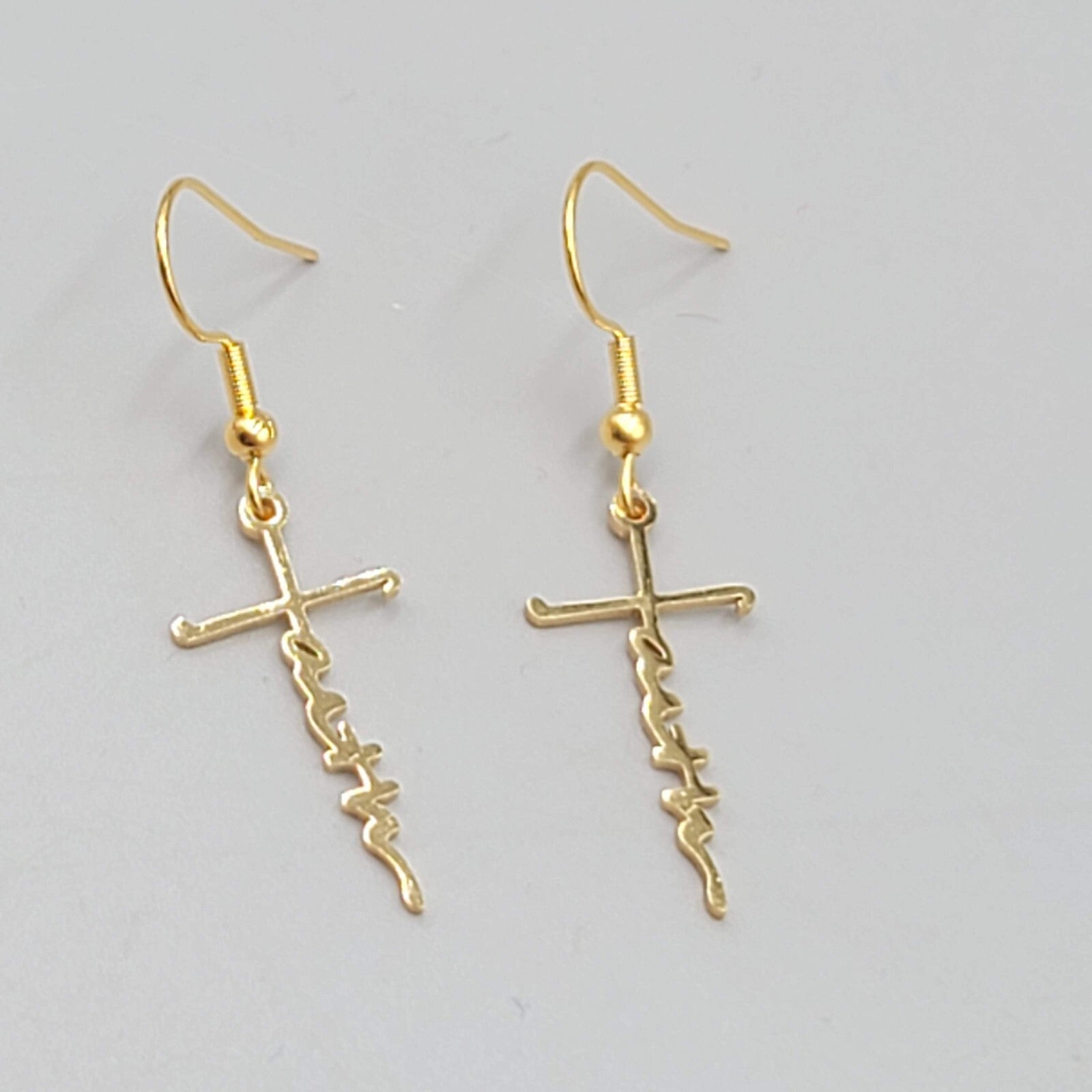Faith Cross Pierced Earrings Gold tone Dangle 1"