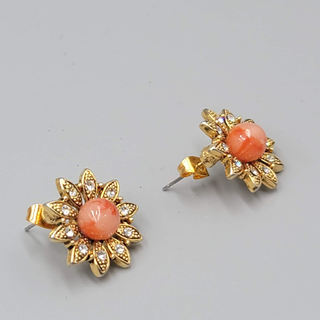 Signed JS Flower Pierced Earrings Gold tone Rhinestone Bead 3/4"