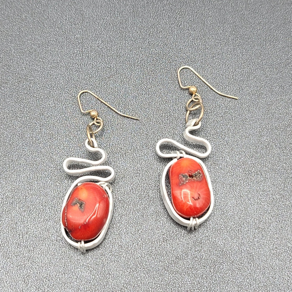Artisan Pierced Earrings Large Coral Bead Silver tone Dangle 2"