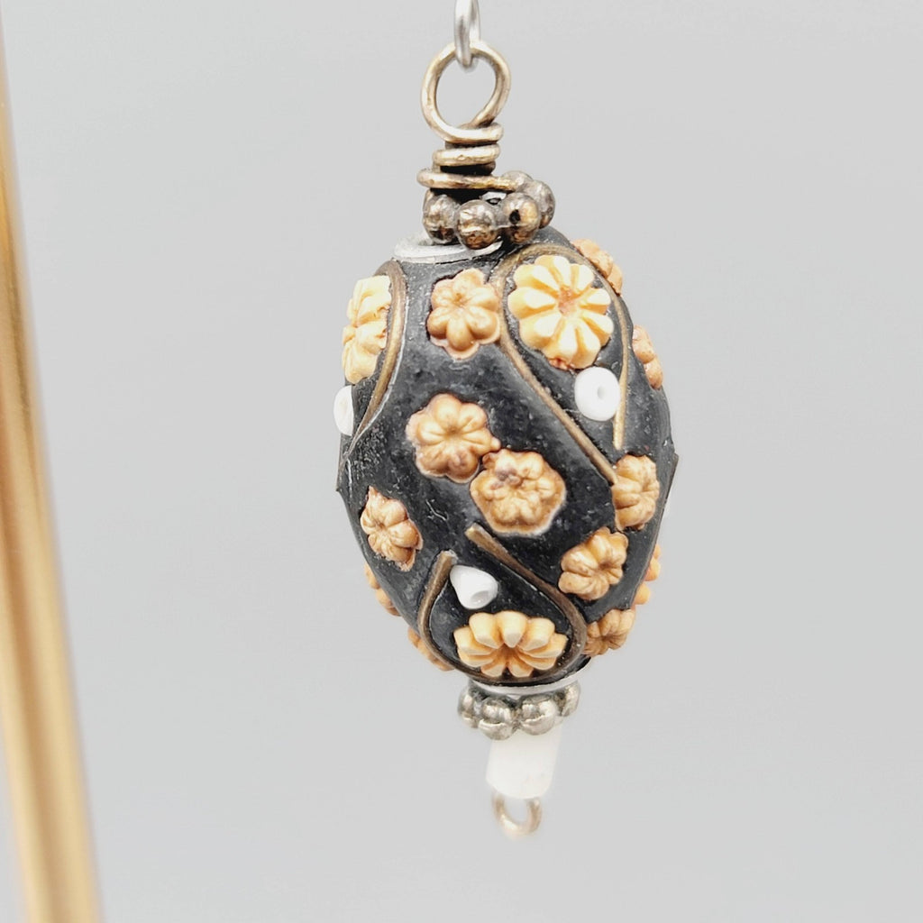 Handmade Floral Bead Pierced Earrings Boho Statement Dangle Silver tone 1.5"