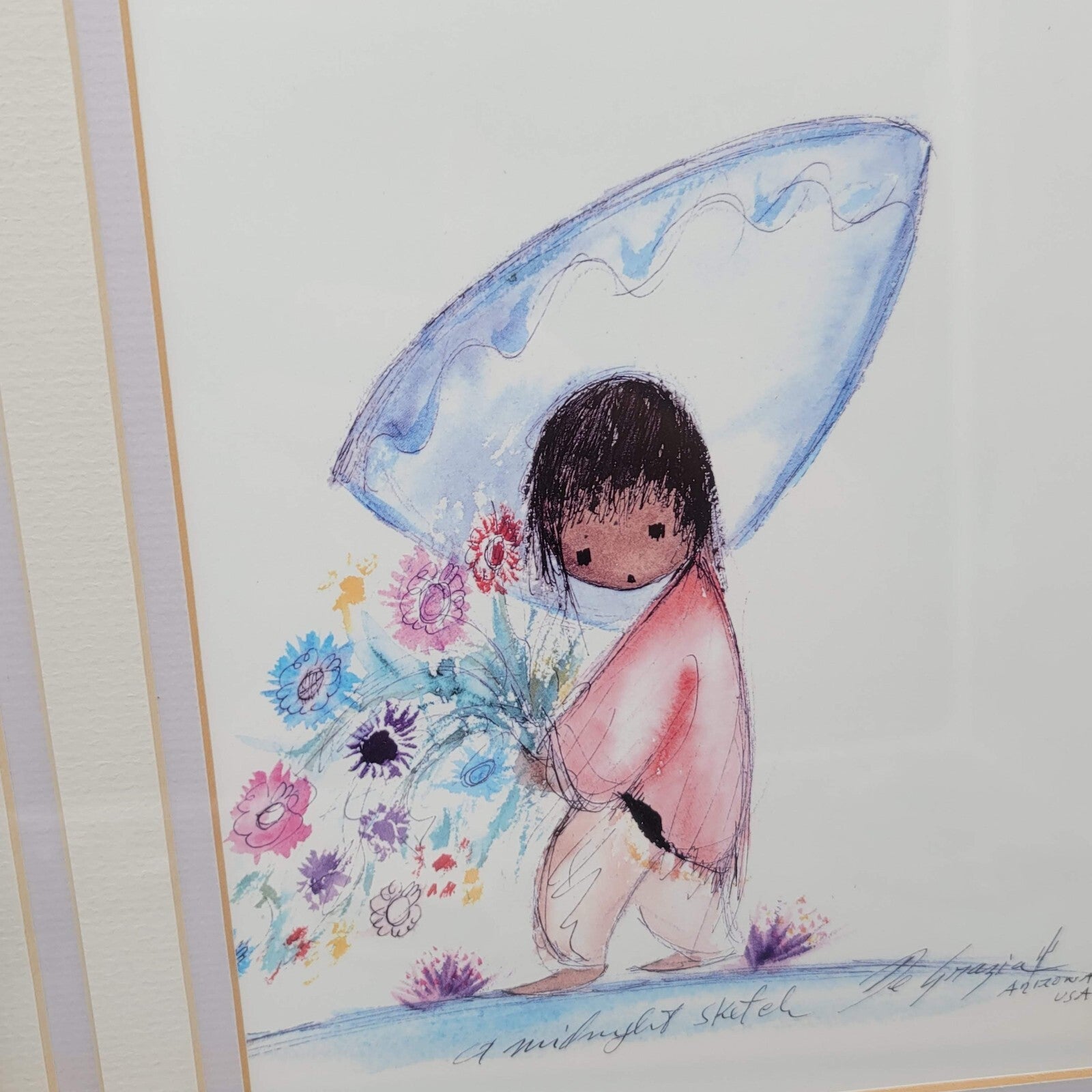 Ted De Grazia Professionally Matted Framed Print Flower Boy A Midnight Sketch