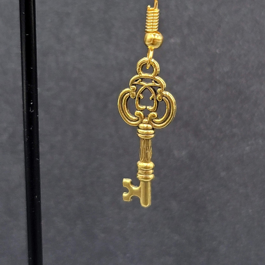 Skeleton Key Pierced Earrings Gold Plated Dangle 1"