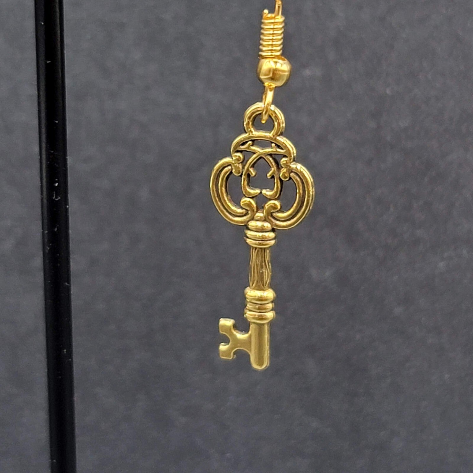 Skeleton Key Pierced Earrings Gold Plated Dangle 1"