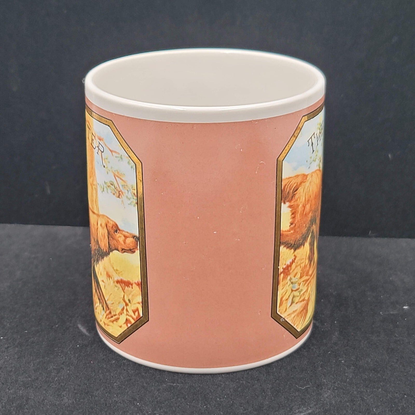 Vintage Enesco Coffee Mug Irish Setter Dog Hunting John Grossman Cigar Label Art