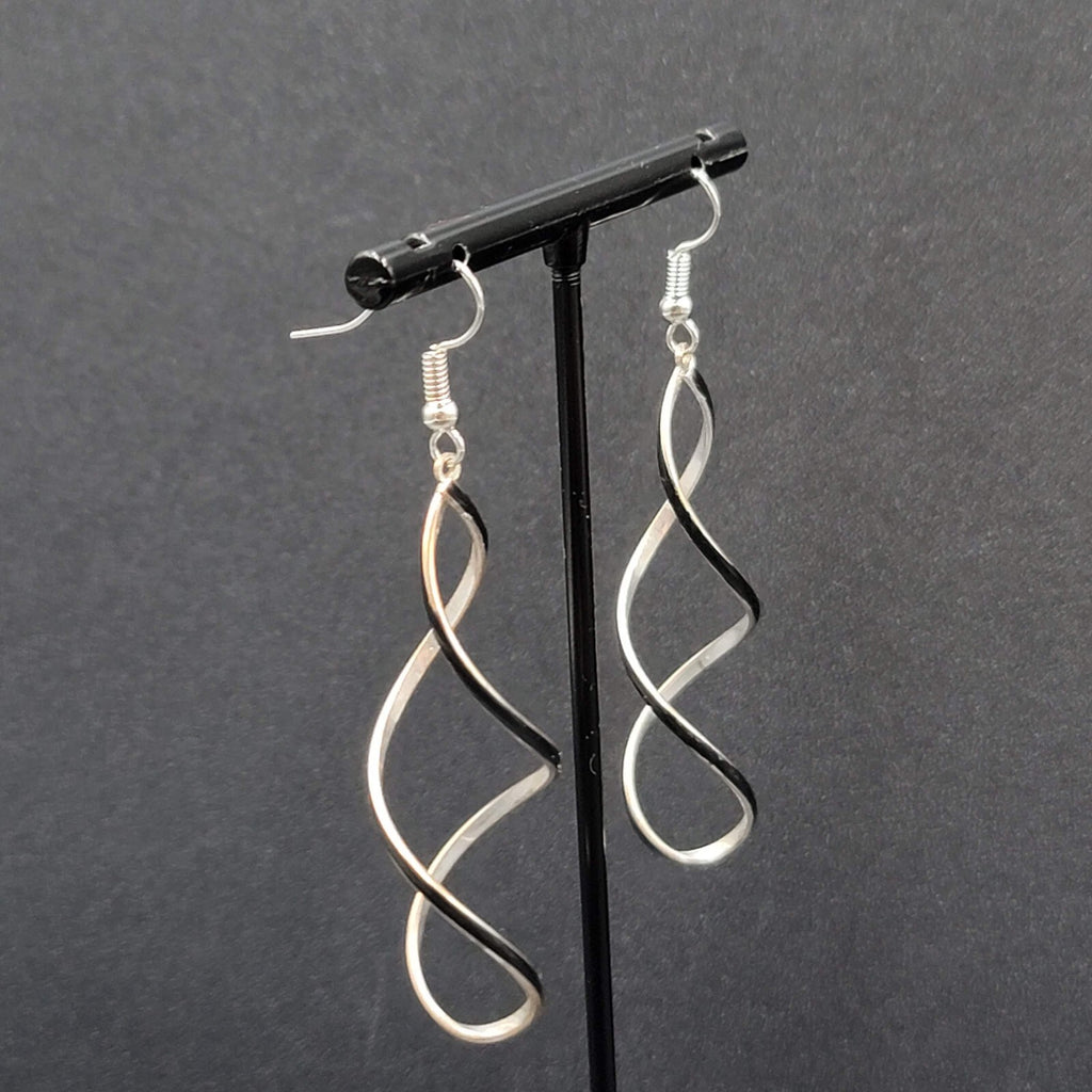 Pierced Earrings Silver tone Twist Black Enamel Long Dangle 2.25"