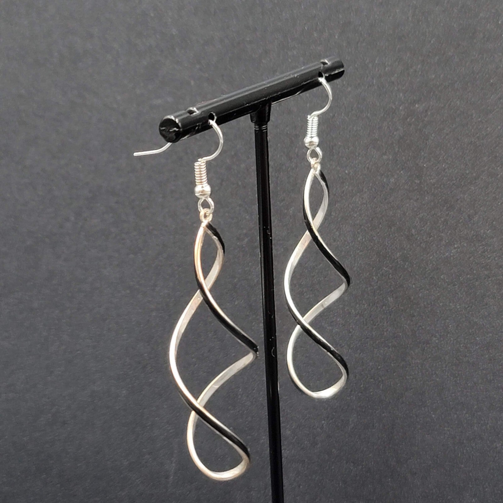 Pierced Earrings Silver tone Twist Black Enamel Long Dangle 2.25"