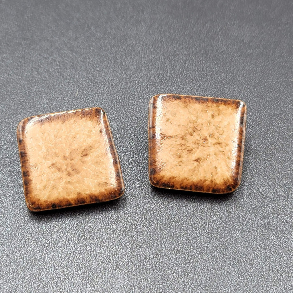 Pierced Earrings Clay Pottery Squares Brown  1 1/8"