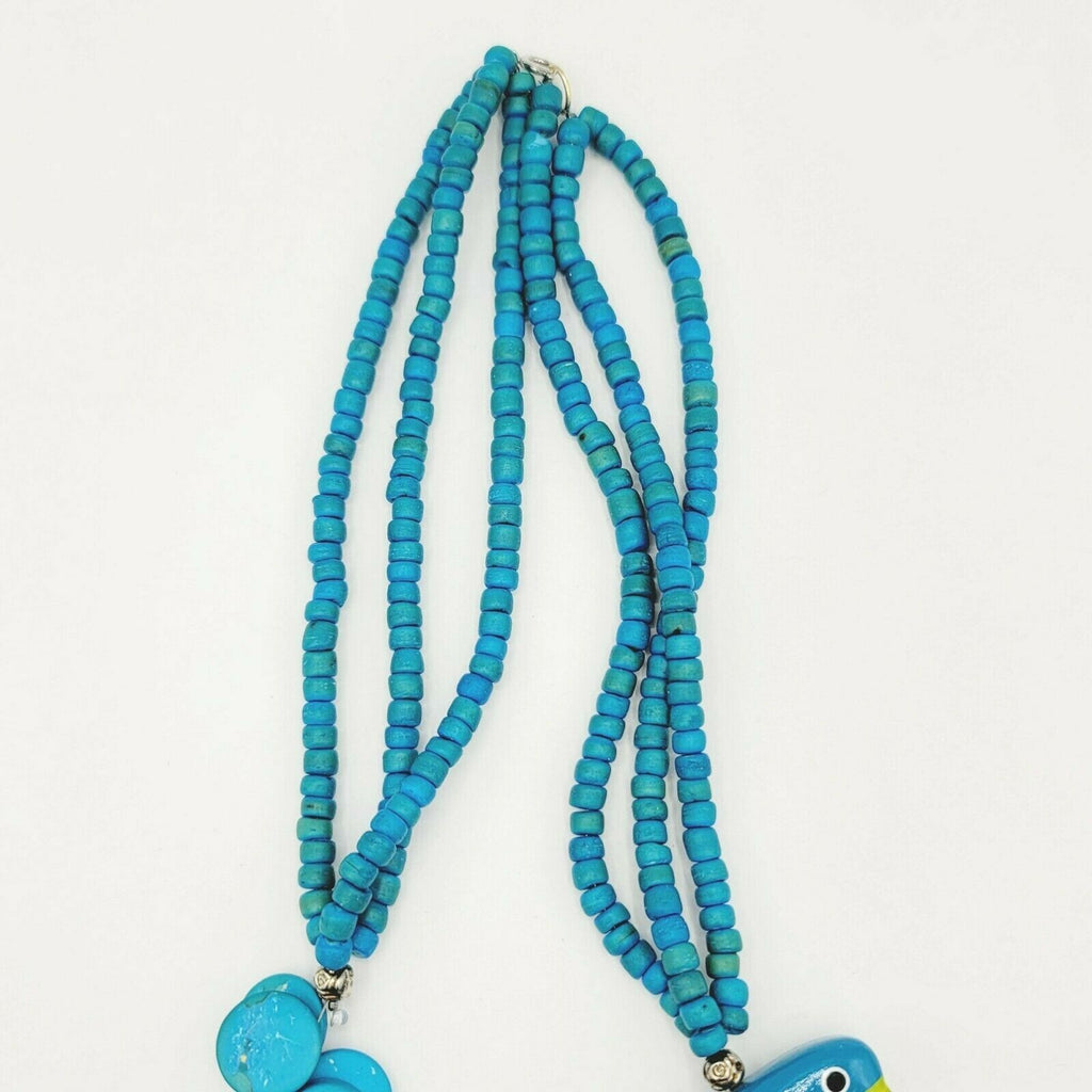 Vintage Blue Parrot Bird Coconut Bead Necklace 27 in Estate Costume Jewelry