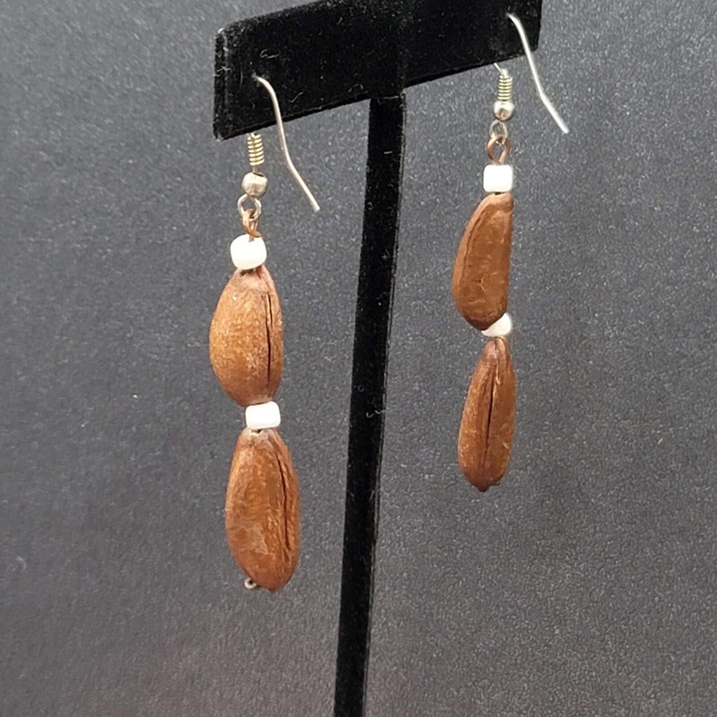 Vintage Pierced Earrings Silver tone Large Brown Seed Beads Long Dangle 2"