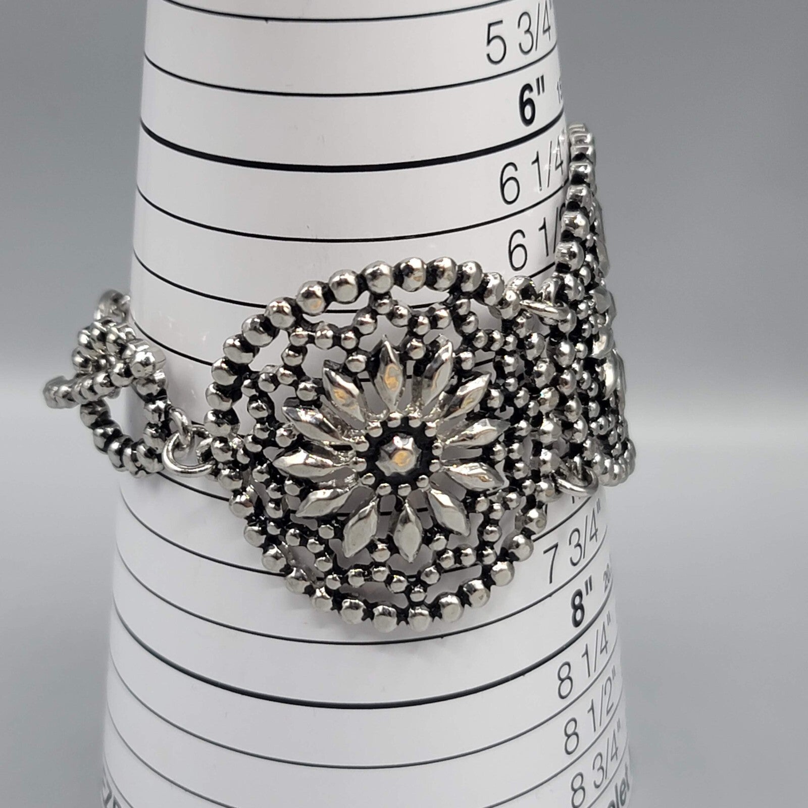 Large Boho Statement Bracelet Dark Silver tone Open Work Toggle 7"