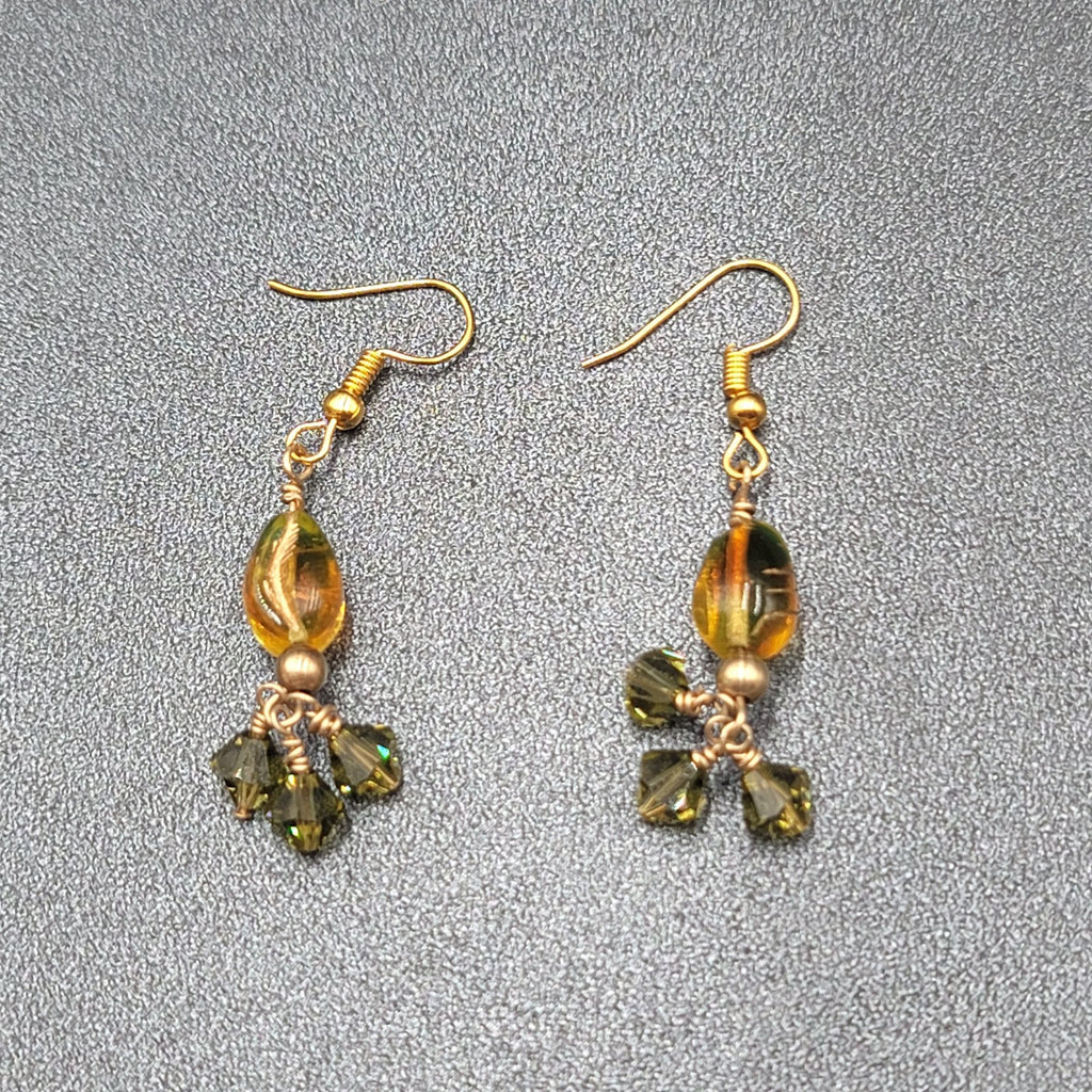 Pierced Earrings Gold tone Art Glass and Green Crystal Beads 1.25"