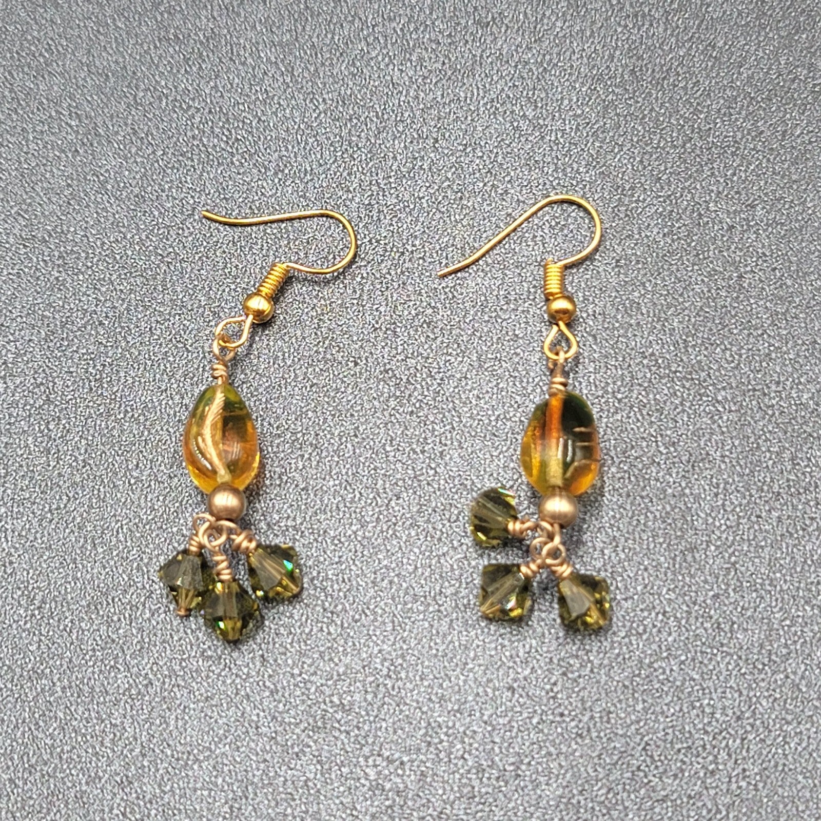 Pierced Earrings Gold tone Art Glass and Green Crystal Beads 1.25"