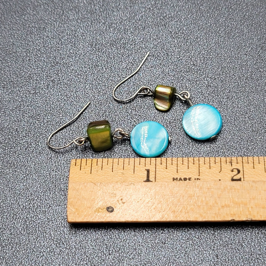 Pierced Earrings Green Blue Shell Bead Dangle Silver tone Hooks 1"