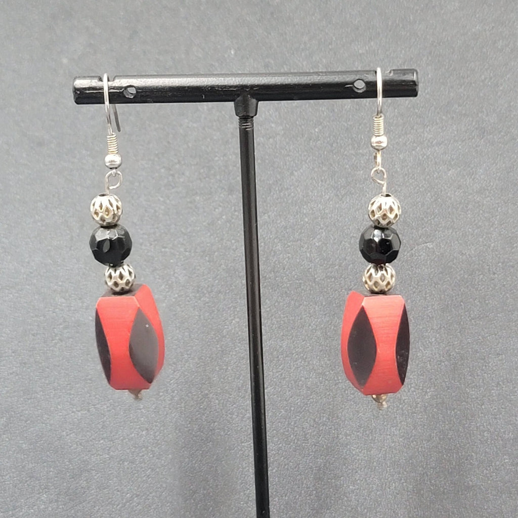Vintage Pierced Earrings Silver tone Red Black Bead Dangle 1.75"