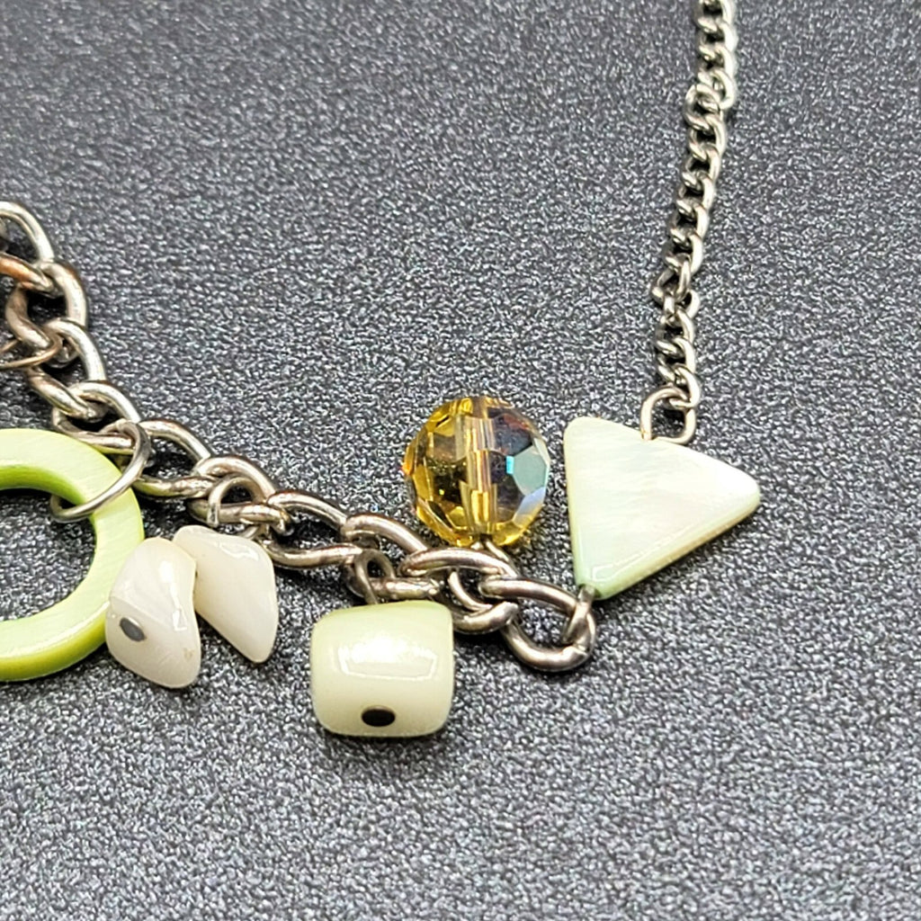 Green Shell Necklace Bohemian Boho Silver tone Crystal Faceted Bead 40"