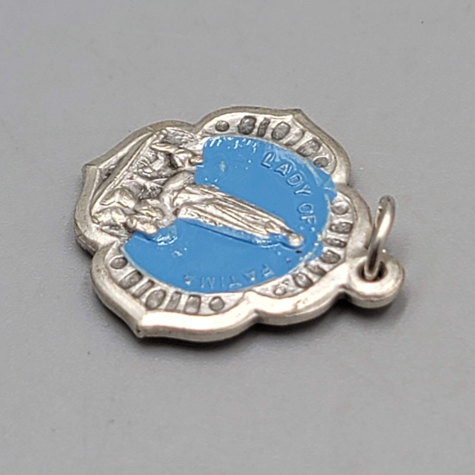 Vintage Catholic Miraculous Mary Blue Enamel Religious Medal Italy 7/8"