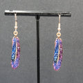 Metal Feather Pierced Earrings Blue Purple White Specks Gold tone Dangle 1.5"