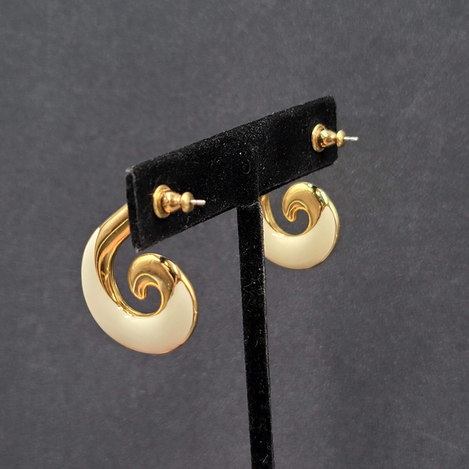 Vintage MONET Pierced Earrings Gold Plated White Enamel Swirl Drop  1.25"