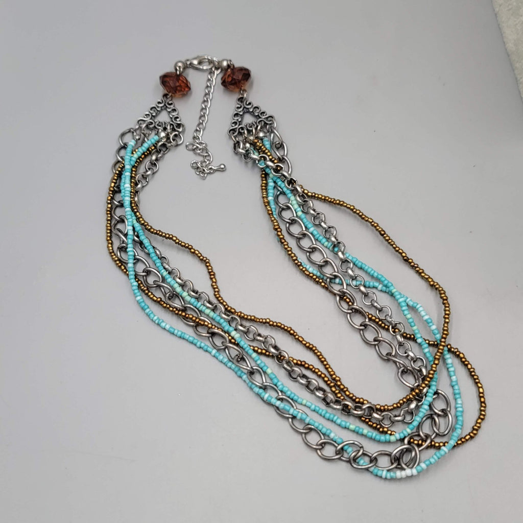 Blue Seed Bead Silver tone Chains Necklace 6 Strand 18"-20"