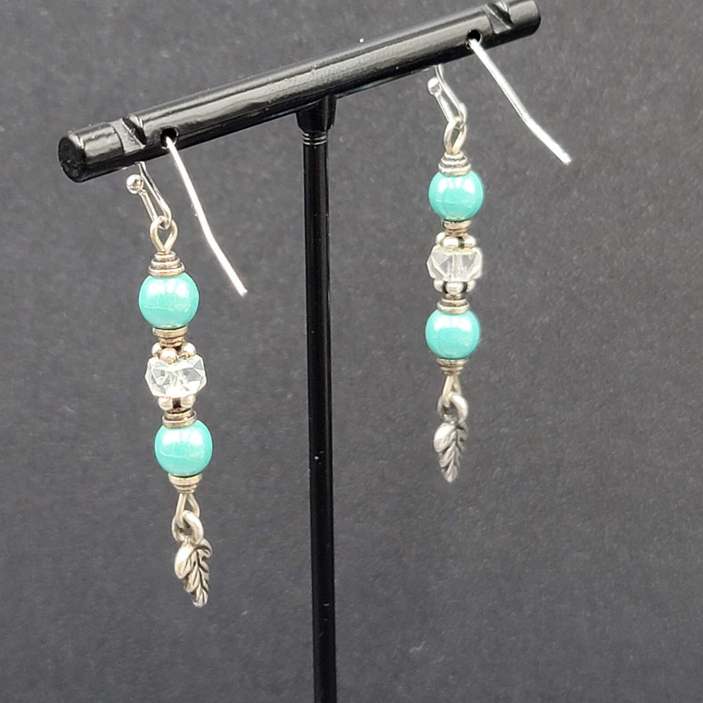 Pierced Earrings Silver tone Blue Bead Leaf Charm Dangle 1.5"