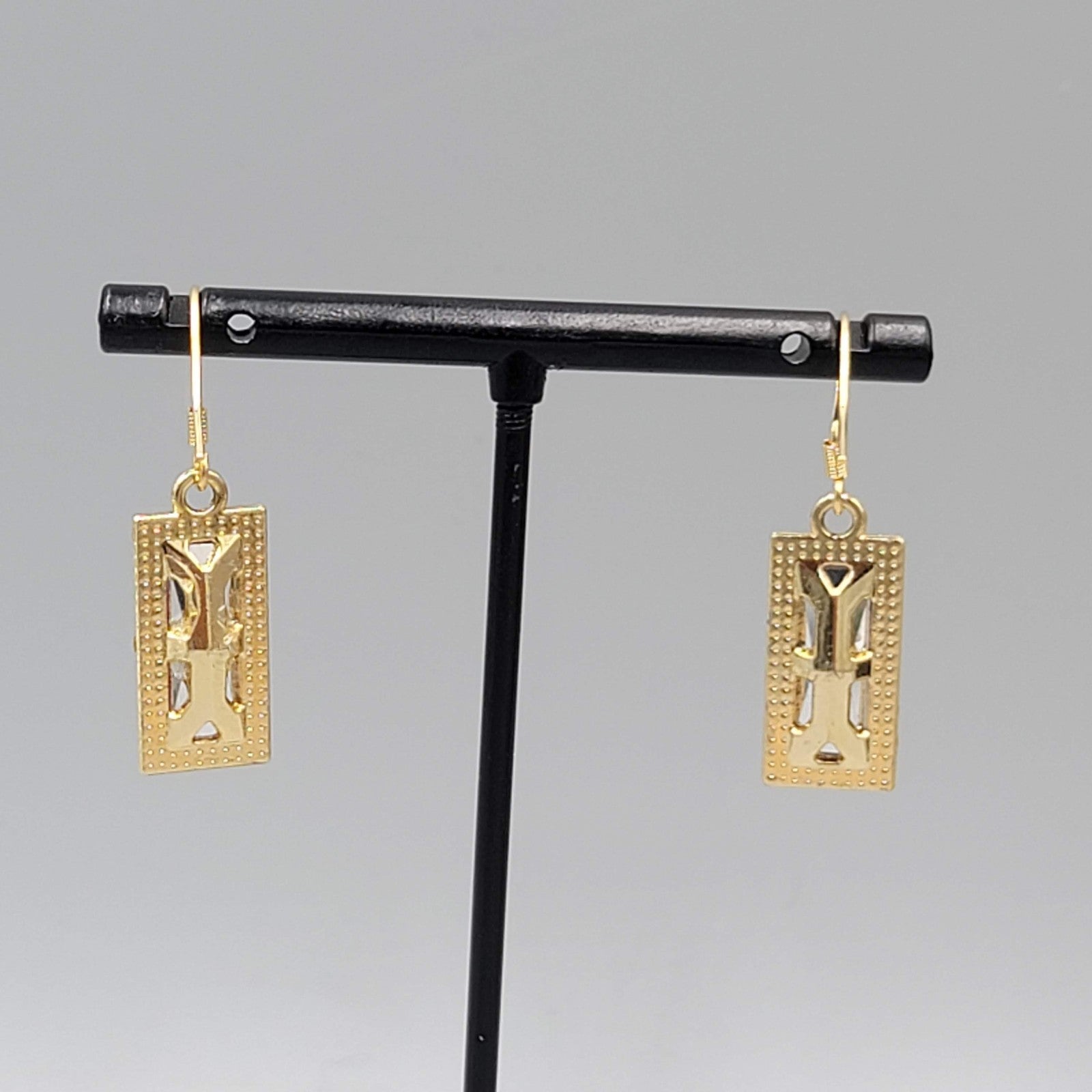 Red Rhinestone Rectangle Pierced Earrings Gold tone Dangle 7/8"