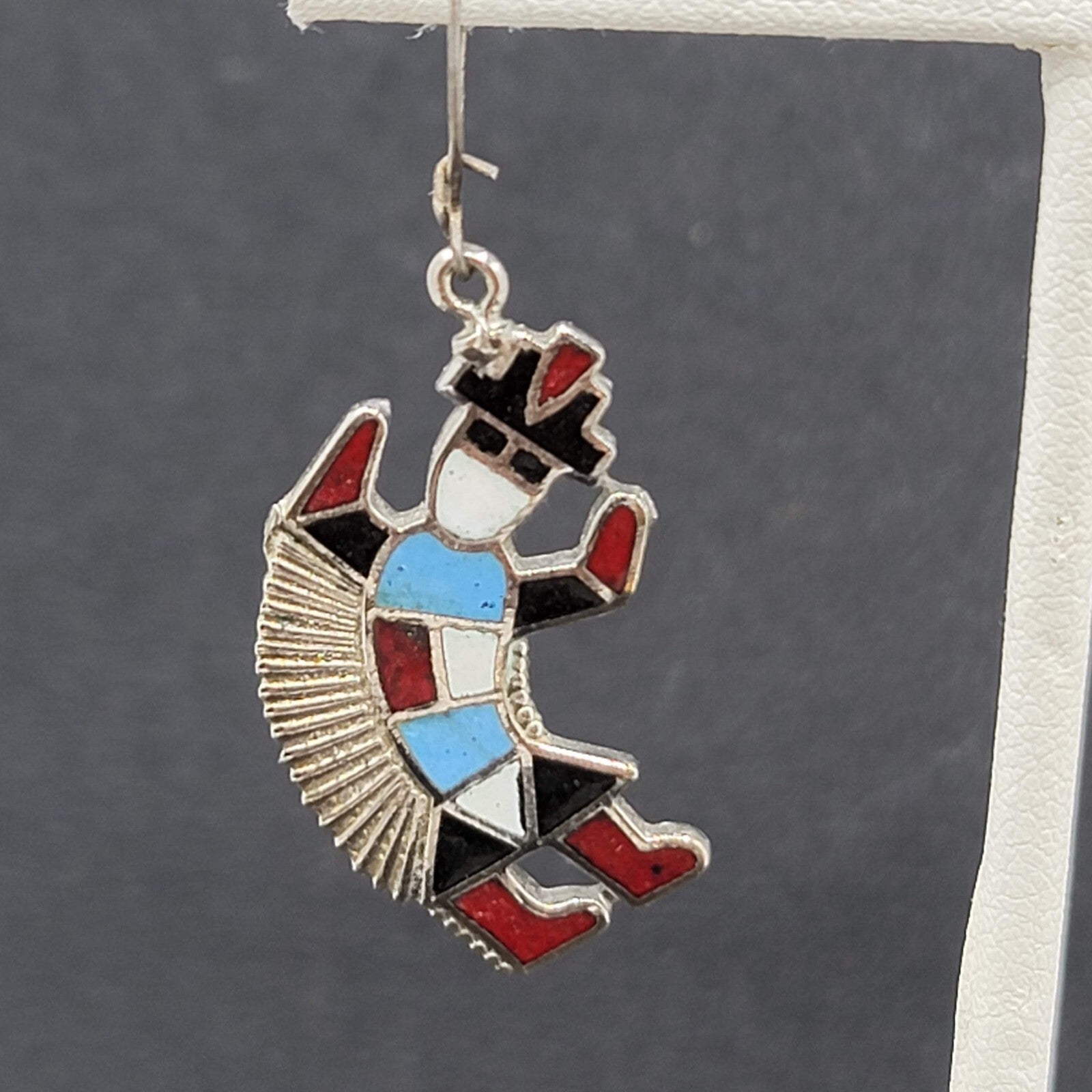 Pierced Earrings  Silver tone Southwestern Dancing Kachina Enamel 1.25"