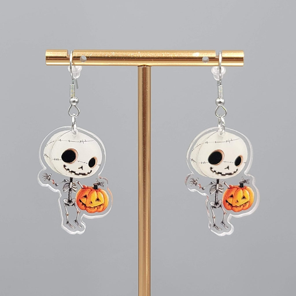 Halloween Skeleton Jack o Lantern Pierced Earrings Silver tone Dangle 1.5 in
