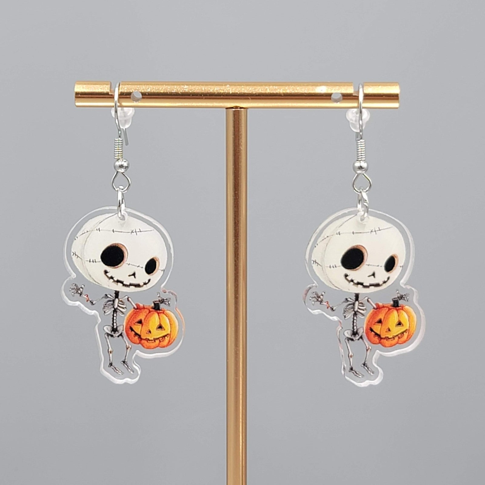 Halloween Skeleton Jack o Lantern Pierced Earrings Silver tone Dangle 1.5 in