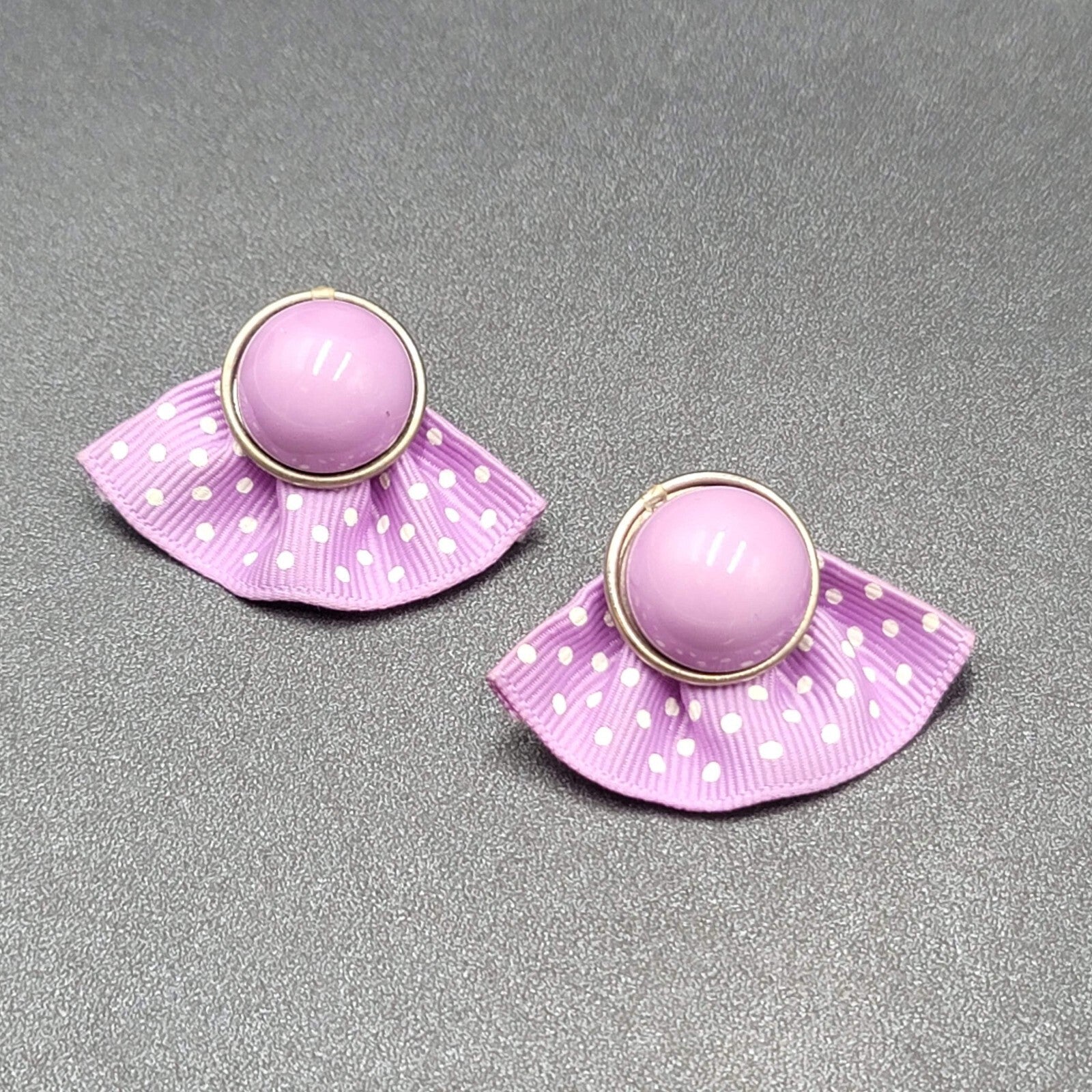 Vintage Pierced Earrings Purple Cabochon Polka Dot Grosgrain Ribbon 1 7/8"