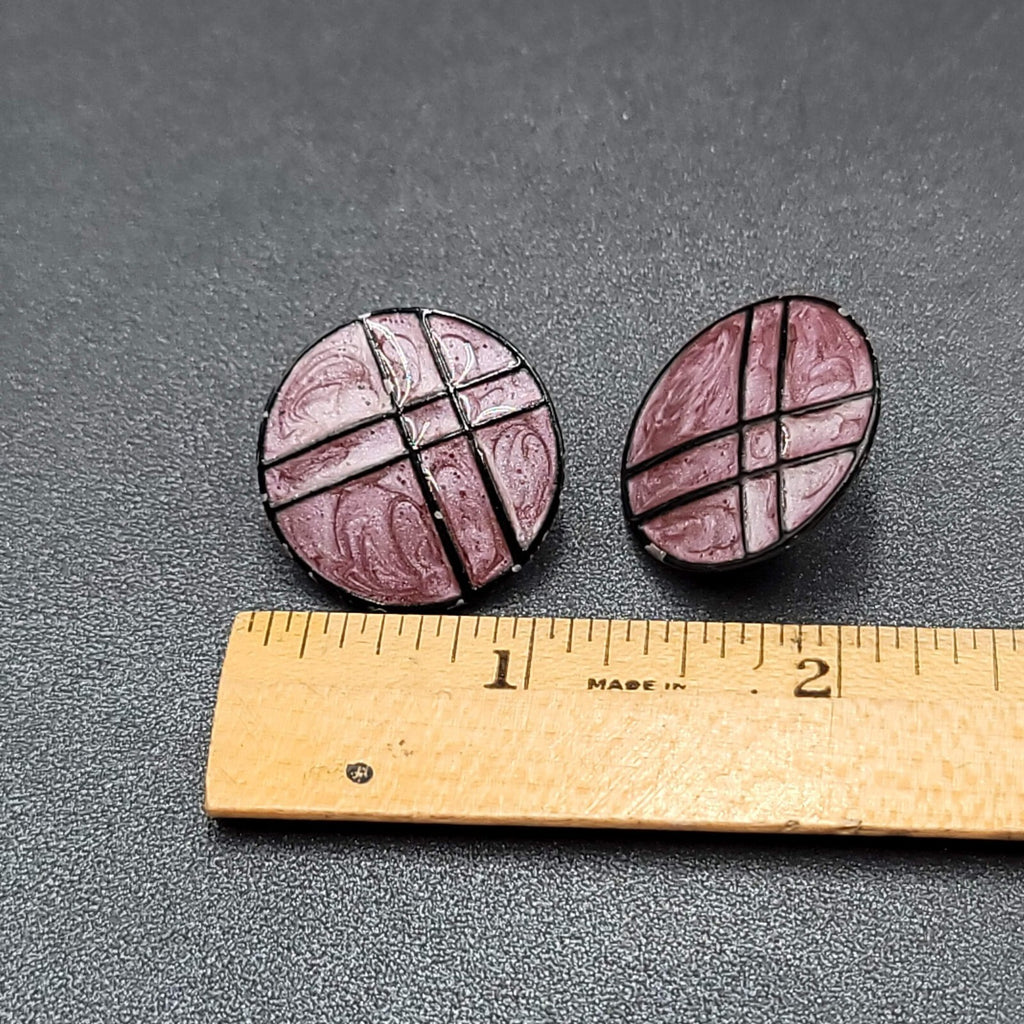 Vintage Pierced Earrings Purple Black Enamel over Metal Round Drop 1"