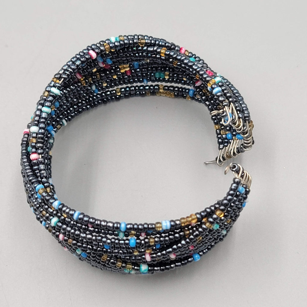 Black Weaved Seed Bead Cuff Bracelet Multicolor Accents Silver tone 7 in