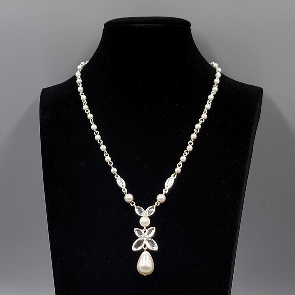 Napier Y Drop Necklace White Bead Silver tone 18"