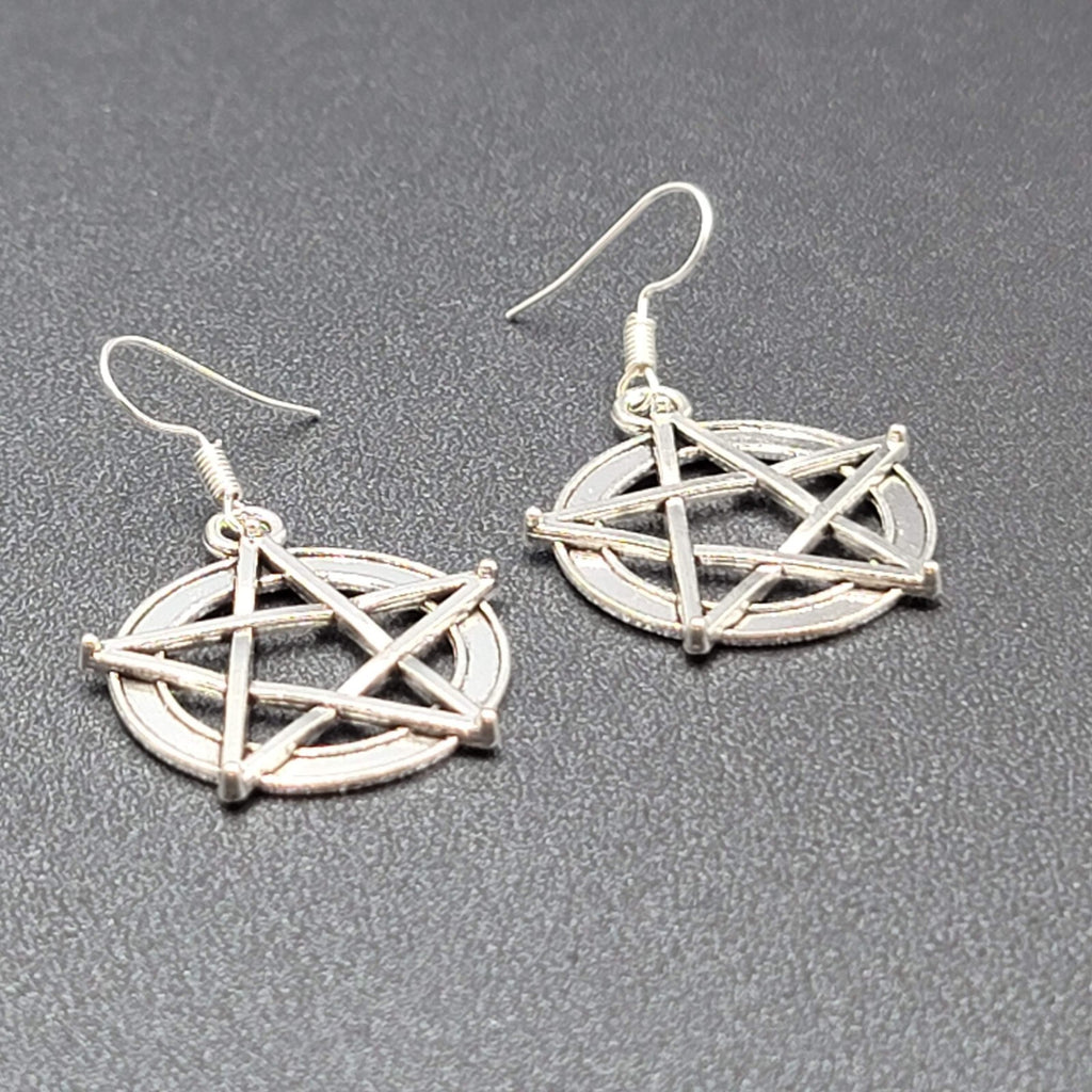 Pentacle Pierced Earrings Silver tone Witch Pentagram Dangle 1 1/8"