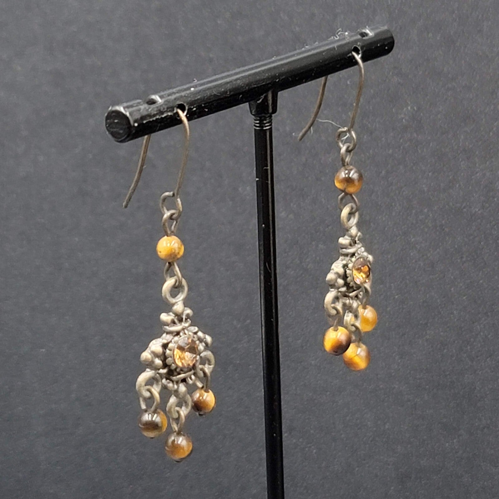 Pierced Earrings Bronze tone Tigers Eye Bead Orange Rhinestone Dangle 1.25"